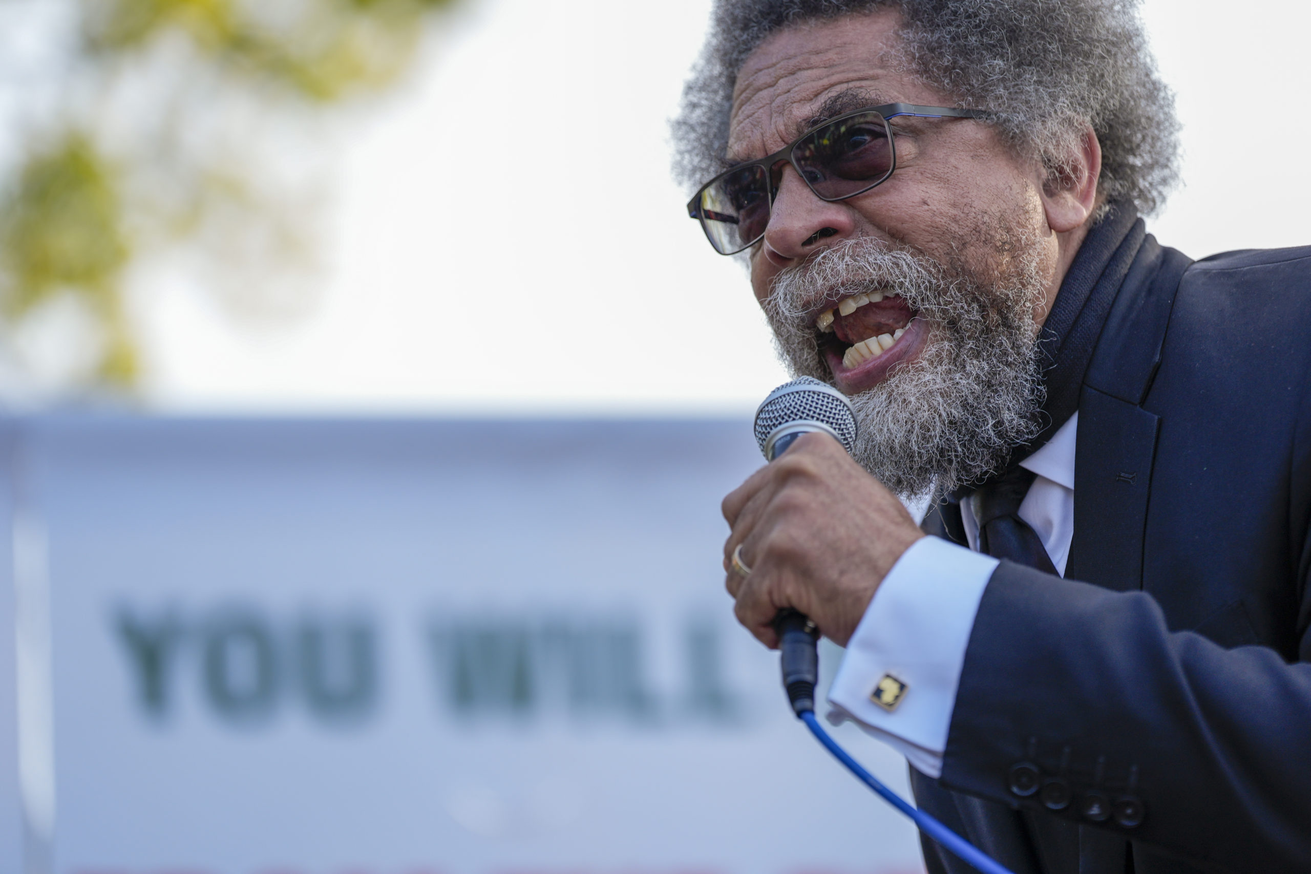 Progressive activist Cornel West speaks at a demonstration in Union Park outside the Democratic National Convention Wednesday, August 21, 2024, in Chicago.