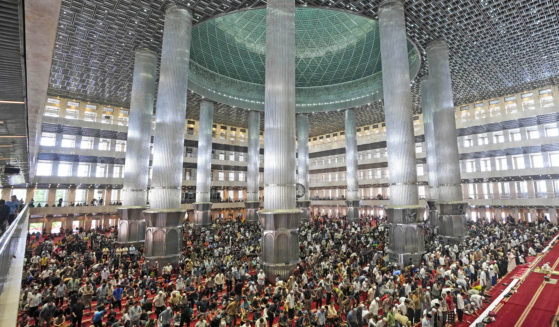 Muslim men attend Friday prayer at Istiqlal Mosque in Jakarta, Indonesia, Friday, August 9, 2024, where Pope Francis is scheduled to hold an interfaith meeting on September 5th.