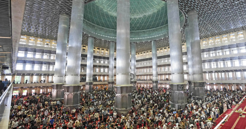 Muslim men attend Friday prayer at Istiqlal Mosque in Jakarta, Indonesia, Friday, August 9, 2024, where Pope Francis is scheduled to hold an interfaith meeting on September 5th.