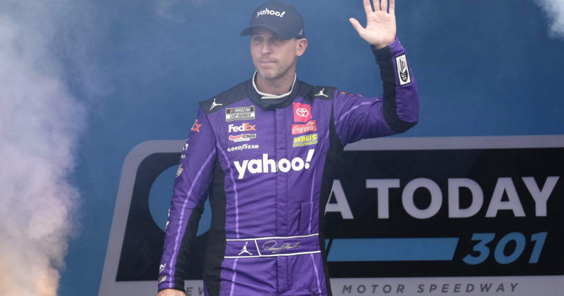 Denny Hamlin is introduced before a NASCAR Cup Series race on June 23, at New Hampshire Motor Speedway, in Loudon, New Hampshire.