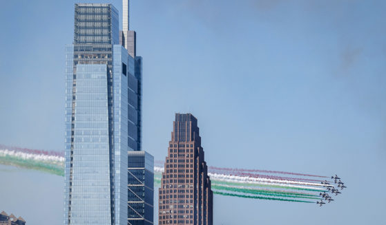 The Italian Air Force Frecce Tricolori flies over Center City Philadelphia on Monday, August 12, 2024.