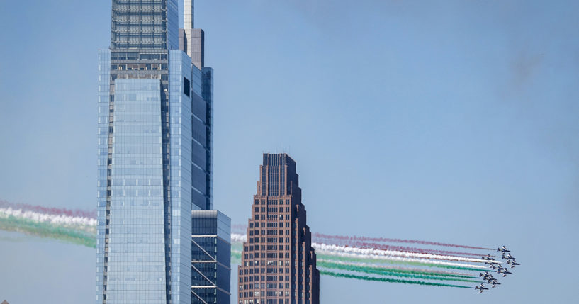 The Italian Air Force Frecce Tricolori flies over Center City Philadelphia on Monday, August 12, 2024.