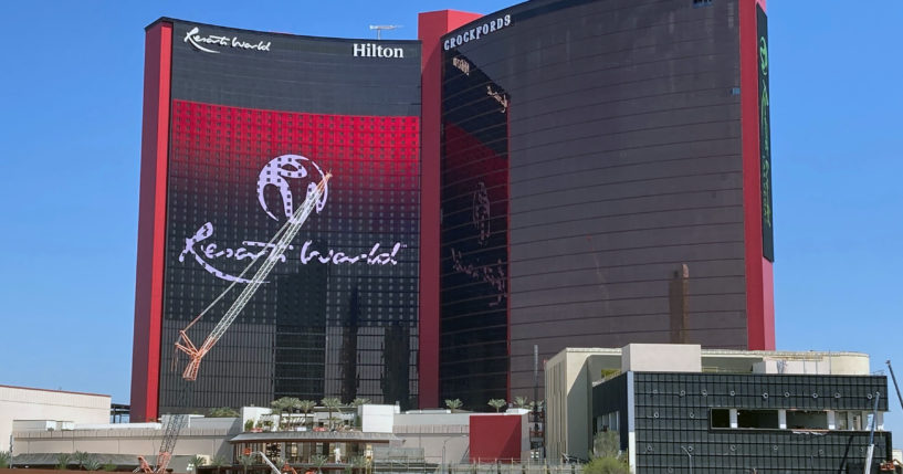 Resorts World Las Vegas is shown under construction, April 19, 2021, in Las Vegas. The Nevada Gaming Board accused the Resorts World casino of turning a blind eye to illegal bookkeeping in a complaint filed on Thursday.