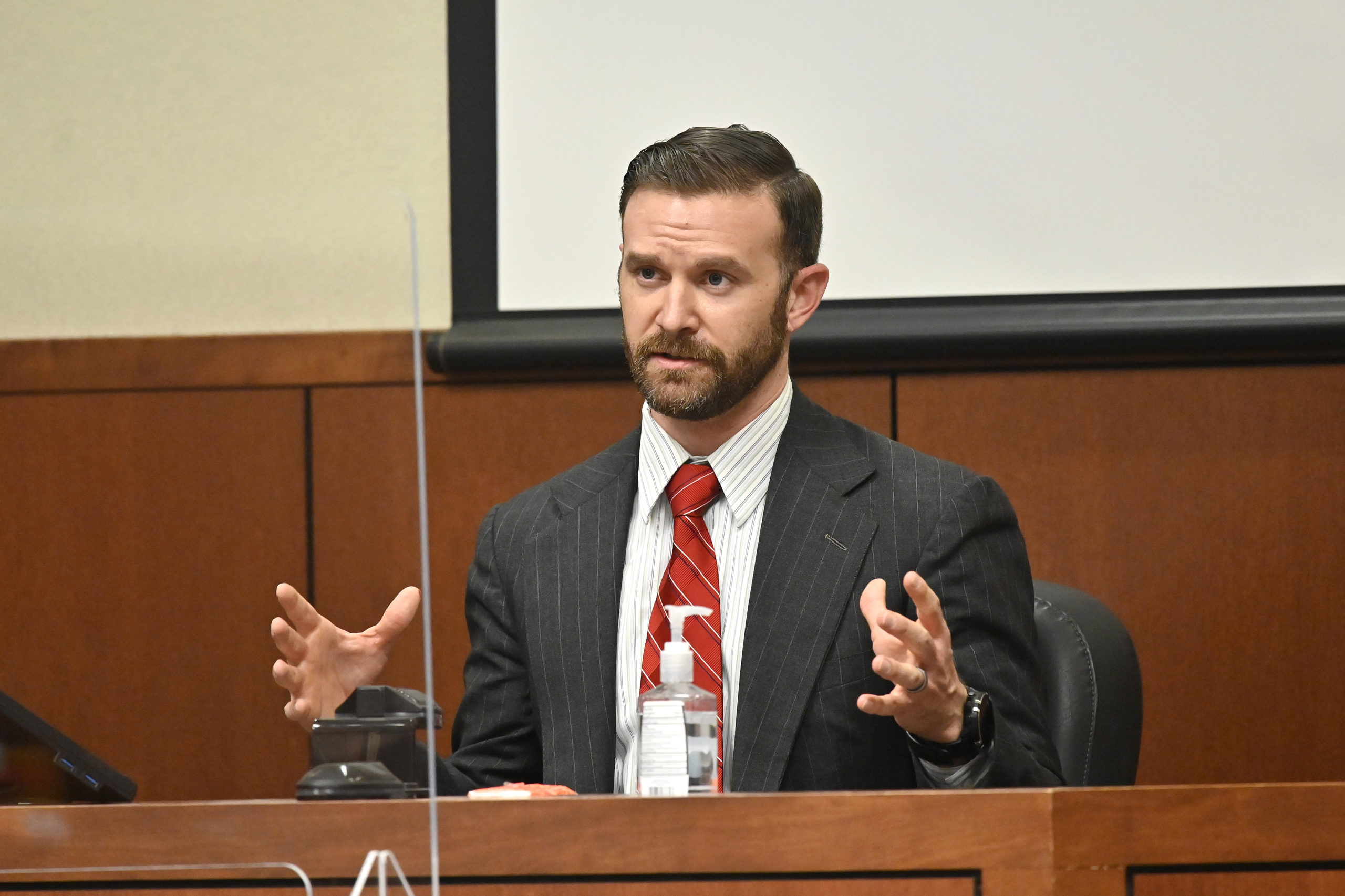 Sgt. Kyle Meany of the Louisville Metro Police Department testifies, February 23, 2022, in Louisville, Kentucky.