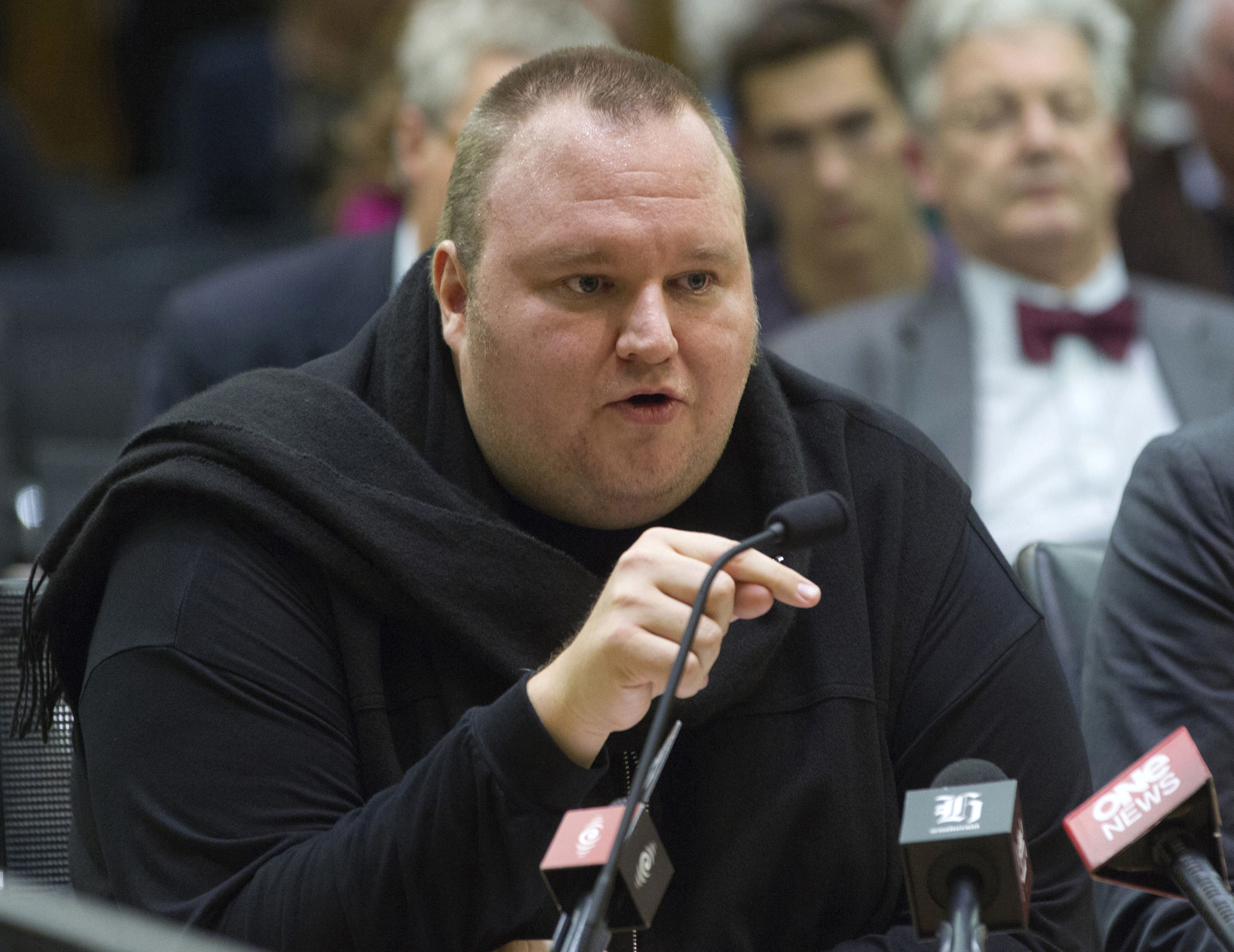 Internet entrepreneur Kim Dotcom speaks during the Intelligence and Security select committee hearing at Parliament, on July 3, 2013, in Wellington, New Zealand.