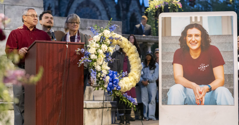 Frank LaPere, Nico LaPere and Caroline Frank, the family of Pava LaPere, founder of tech startup EcoMap Technologies, speak during a vigil in Baltimore, Maryland, on Sept. 27, 2023.