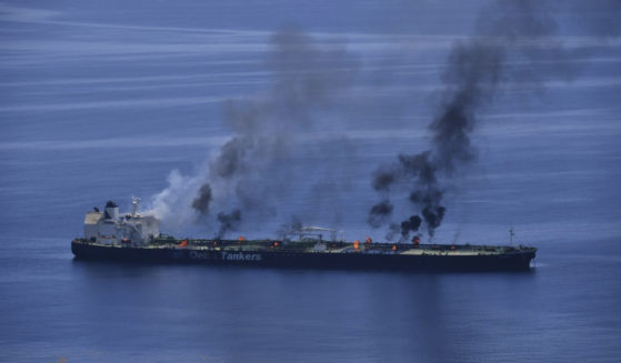 This photo released by the European Union's Operation Aspides shows fires burning aboard the oil tanker Sounion in the Red Sea on Sunday. The EU mission said Monday that there were no signs of an oil spill emanating from the Sounion, which came under repeated attack by Yemen's Houthi rebels amid their campaign targeting shipping over the Israel-Hamas war in the Gaza Strip.