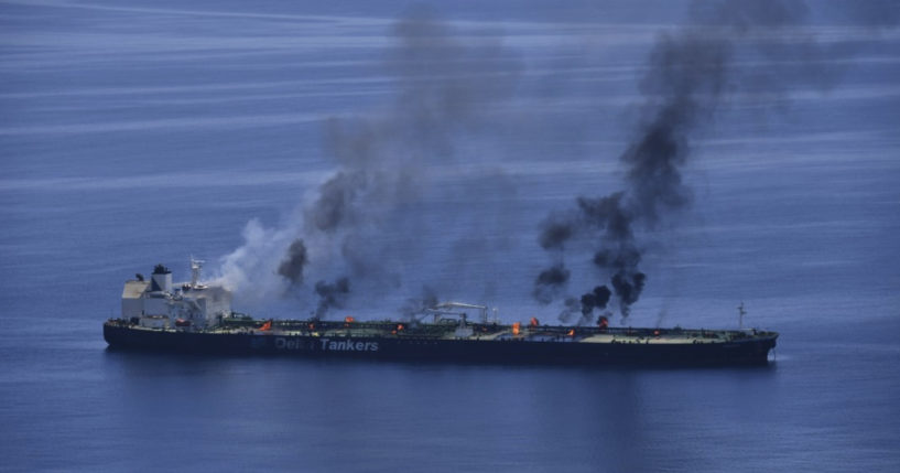 This photo released by the European Union's Operation Aspides shows fires burning aboard the oil tanker Sounion in the Red Sea on Sunday. The EU mission said Monday that there were no signs of an oil spill emanating from the Sounion, which came under repeated attack by Yemen's Houthi rebels amid their campaign targeting shipping over the Israel-Hamas war in the Gaza Strip.