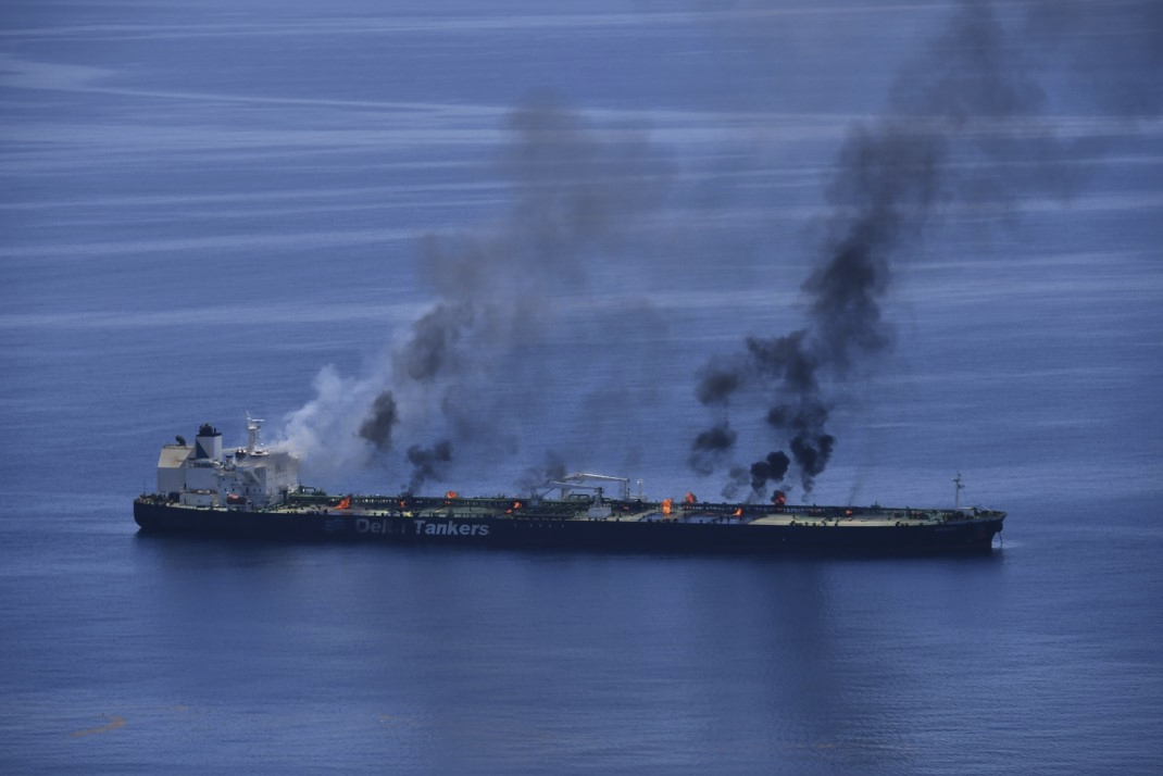 This photo released by the European Union's Operation Aspides shows fires burning aboard the oil tanker Sounion in the Red Sea on Sunday. The EU mission said Monday that there were no signs of an oil spill emanating from the Sounion, which came under repeated attack by Yemen's Houthi rebels amid their campaign targeting shipping over the Israel-Hamas war in the Gaza Strip.