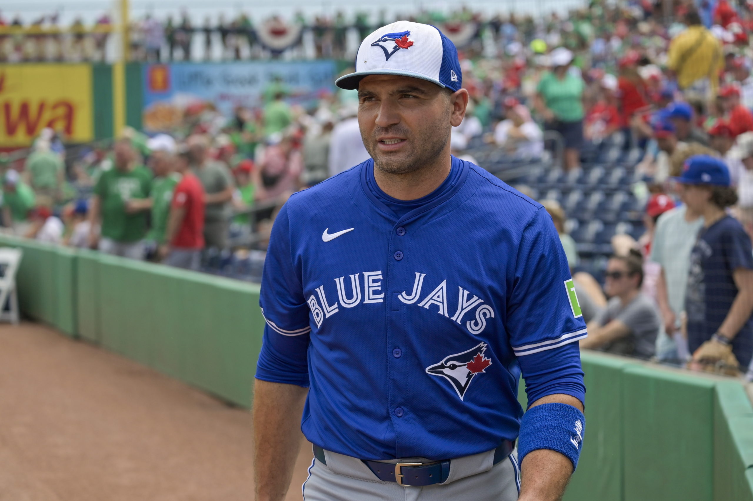 Toronto Blue Jays' Joey Votto walks to the dugout before a spring training baseball game against the Philadelphia Phillies, March 17, 2024, in Clearwater, Florida.