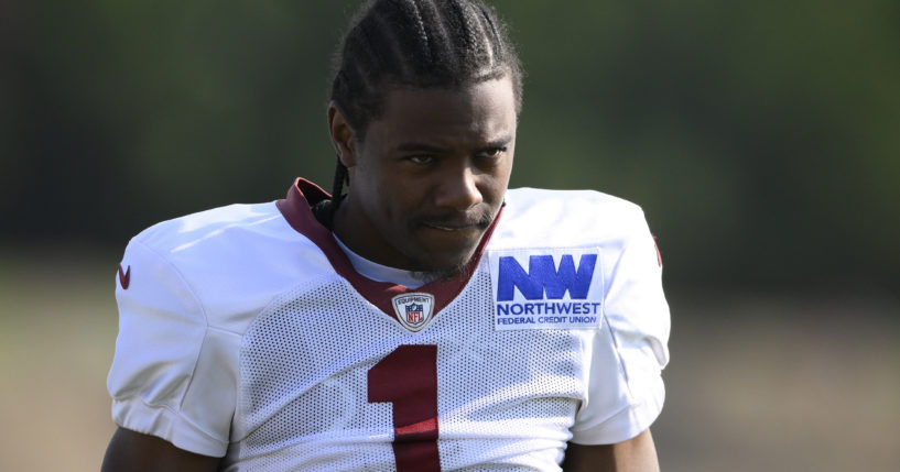 Washington Commanders wide receiver Jahan Dotson (1) works out during NFL football training camp, Monday, July 29, 2024, in Ashburn, Virginia.