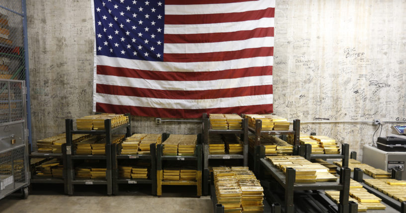 Gold bars are stacked in a vault at the U.S. Mint in West Point, New York, on July 22, 2014.