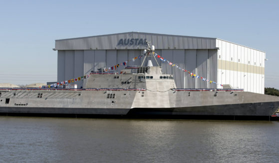 The Littoral Combat Ship Coronado sits alongside the Austal USA facilities on the Mobile River in Mobile, Alabama, following christening ceremonies for the ship, January 14, 2012.