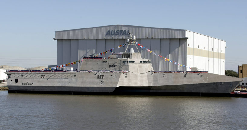 The Littoral Combat Ship Coronado sits alongside the Austal USA facilities on the Mobile River in Mobile, Alabama, following christening ceremonies for the ship, January 14, 2012.