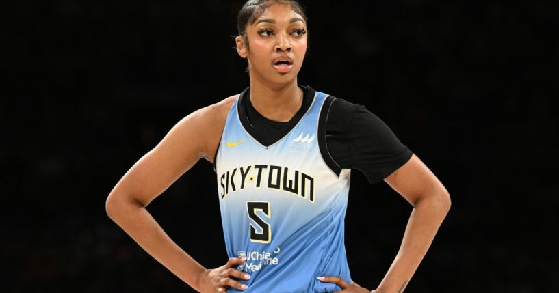 Angel Reese of the Chicago Sky looks on against the Las Vegas Aces in the first half of their game in Las Vegas, Nevada, on July 16.