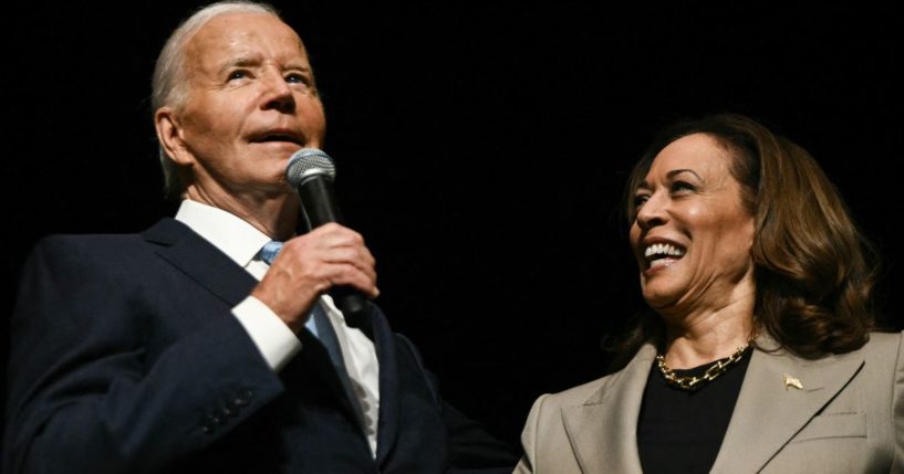 President Joe Biden and Vice President Kamala Harris speak in the overflow room at Prince George's Community College in Largo, Maryland, on Aug. 15.