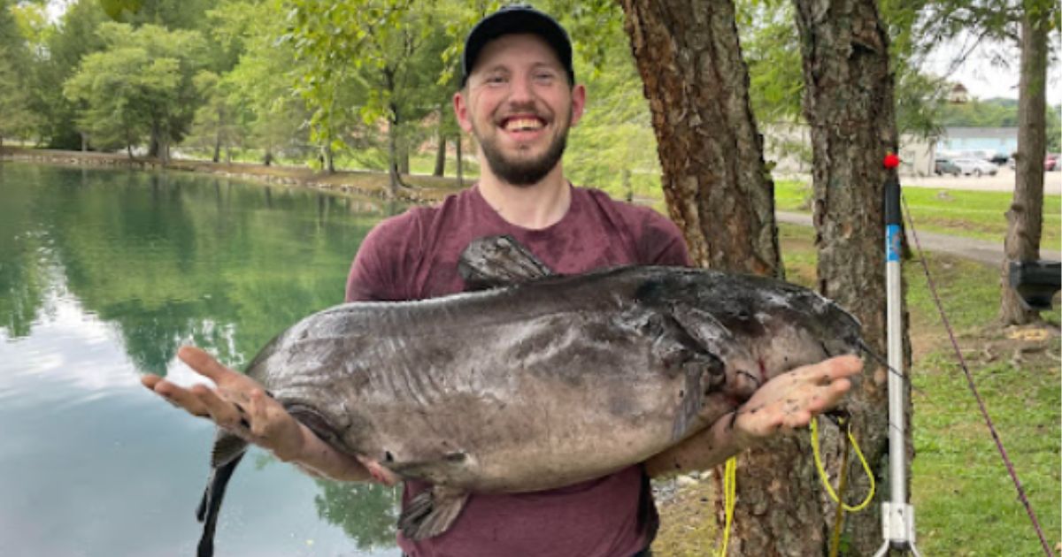 Tyler Rutherford of West Virginia caught a record-breaking catfish on a family farm pond using his toddler daughter's little pink fishing pole.