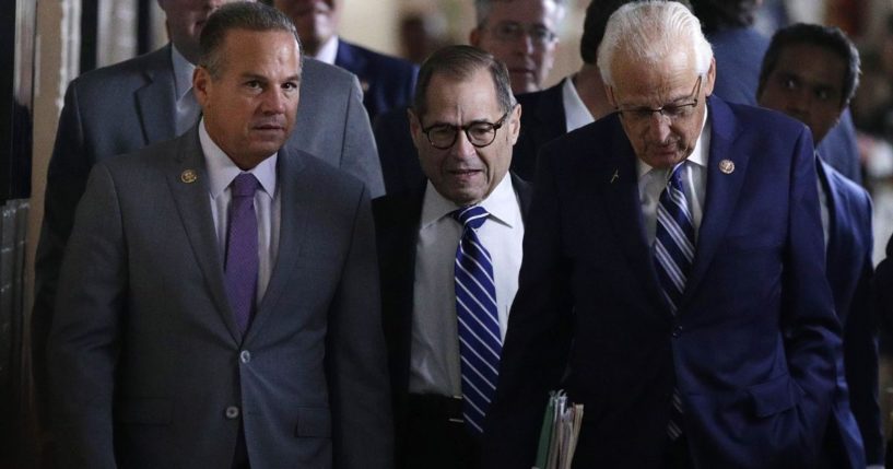 Rep. Jerry Nadler, then-chairman of House Judiciary Committee, center, arrives with Rep. Bill Pascrell, right, and Rep. David Cicilline, left, at a House Democratic Caucus meeting at the U.S. Capitol in Washington, D.C., on Sept. 25, 2019.