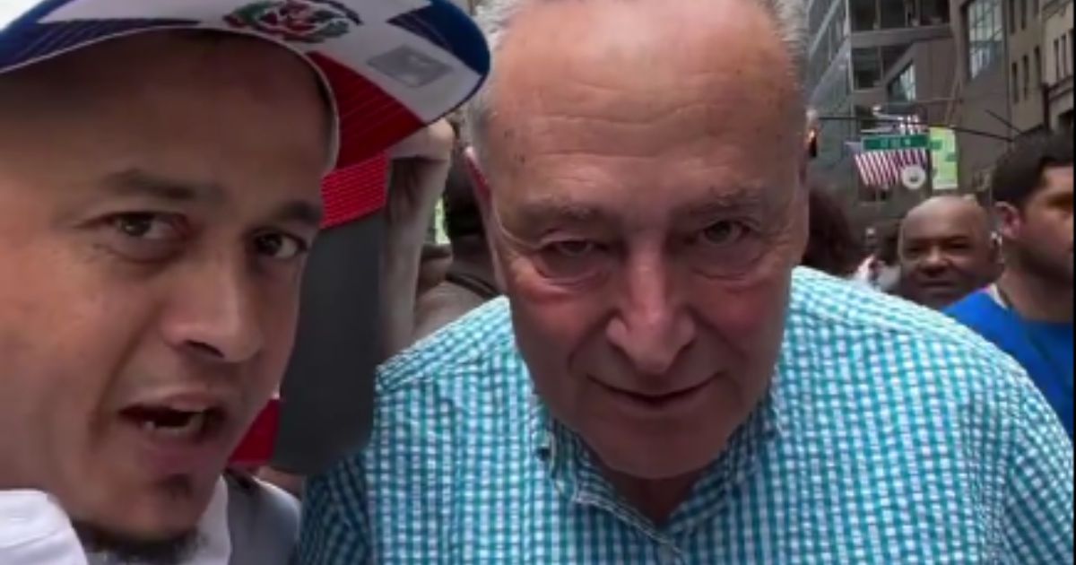 At Sunday's New York City Dominican Day Parade, Sen. Chuck Schumer, right, thought he was posing for a photo with a constituent, but he ended up getting confronted instead.