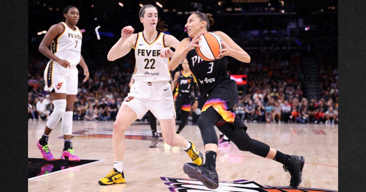 Guard Diana Taurasi #3 of the Phoenix Mercury drives against guard Caitlin Clark #22 of the Indiana Fever during the fourth quarter at Footprint Center on June 30 in Phoenix, Arizona. .