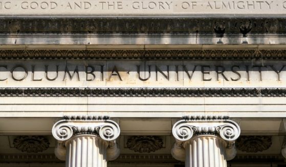 The name of Columbia University is engraved on the upper part of the main facade of Low Memorial Library on Columbia University's campus in New York City.