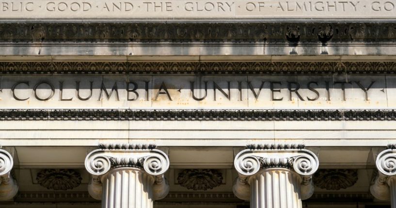 The name of Columbia University is engraved on the upper part of the main facade of Low Memorial Library on Columbia University's campus in New York City.