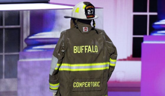 The firefighter uniform of Cory Comperatore is displayed onstage at the Republican National Convention in Milwaukee, Wisconsin, on July 18.