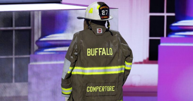 The firefighter uniform of Cory Comperatore is displayed onstage at the Republican National Convention in Milwaukee, Wisconsin, on July 18.