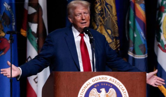 Former President Donald Trump gives remarks at the National Guard Association of the United States' 146th General Conference & Exhibition in Detroit, Michigan, on Monday.