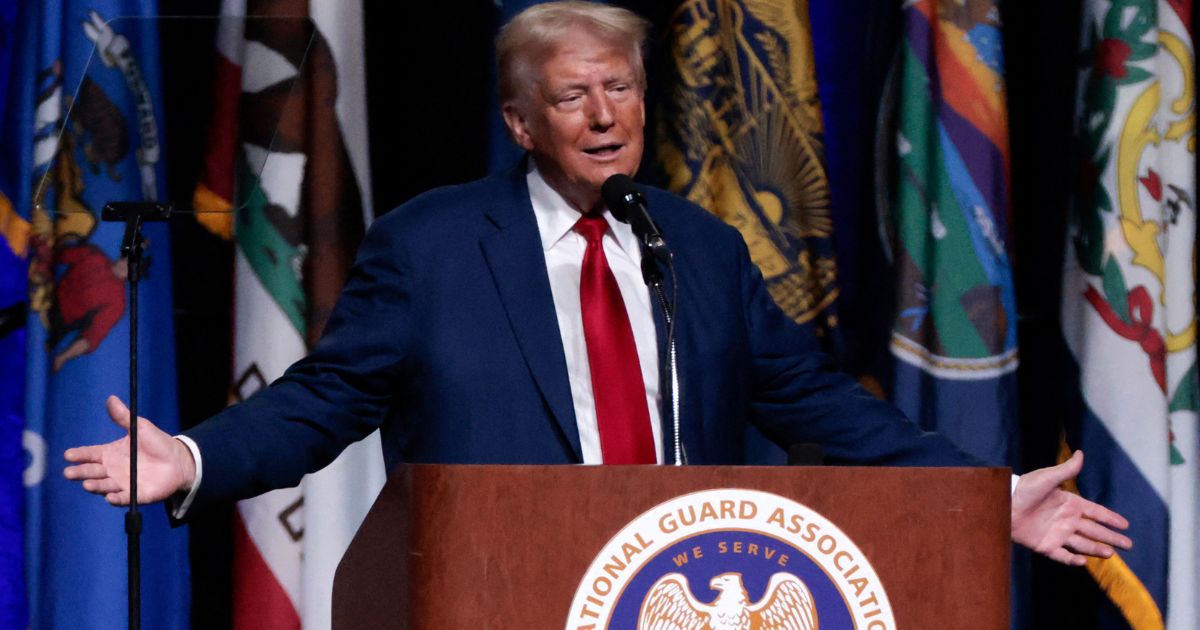 Former President Donald Trump gives remarks at the National Guard Association of the United States' 146th General Conference & Exhibition in Detroit, Michigan, on Monday.