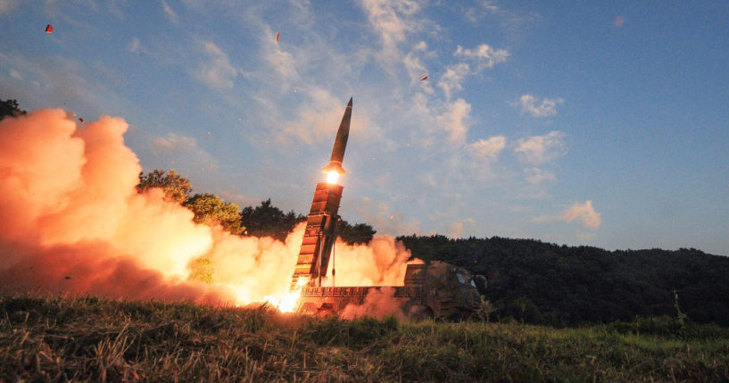 EAST COAST, SOUTH KOREA - SEPTEMBER 4: In this handout photo released by the South Korean Defense Ministry, South Korea's Hyunmu-2 ballistic missile is fired during an exercise aimed to counter North Korea's nuclear test on September 4, 2017 in East Coast, South Korea. South Korea's military said Monday it conducted a combined live-fire exercise in response to North Korea's sixth nuclear test a day earlier.