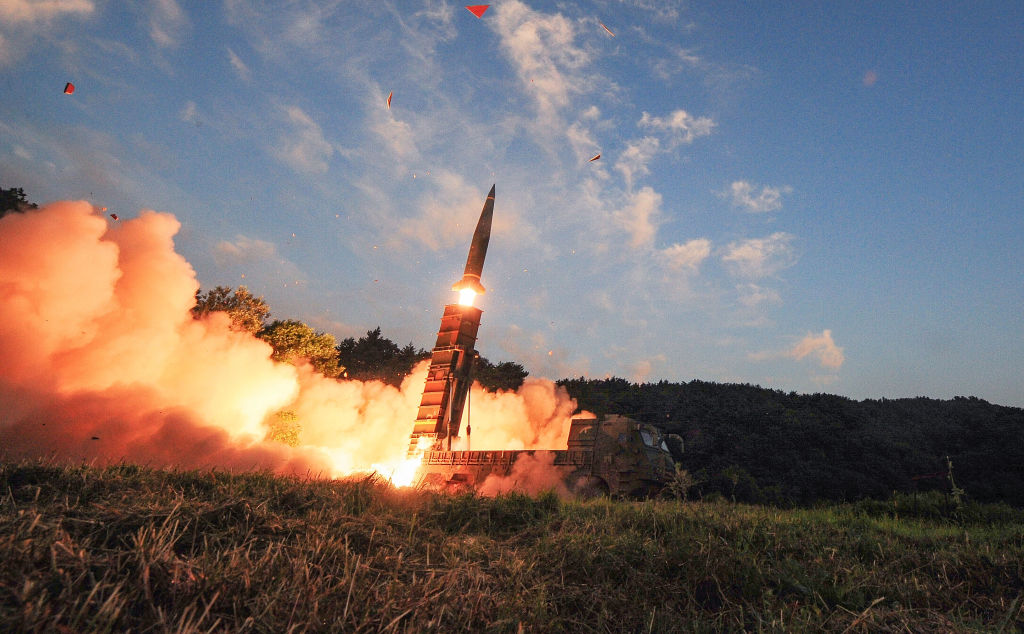 EAST COAST, SOUTH KOREA - SEPTEMBER 4: In this handout photo released by the South Korean Defense Ministry, South Korea's Hyunmu-2 ballistic missile is fired during an exercise aimed to counter North Korea's nuclear test on September 4, 2017 in East Coast, South Korea. South Korea's military said Monday it conducted a combined live-fire exercise in response to North Korea's sixth nuclear test a day earlier.