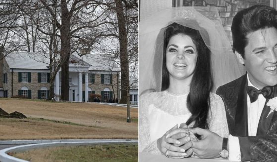 Music icon Elvis Presley is seen at right with his bride, Priscilla Beaulieu Presley, on their wedding day, May 1, 1967, in Las Vegas, Nevada. Officials said a scammer tried to force the auction of Presley's Graceland mansion in Memphis, Tennessee.