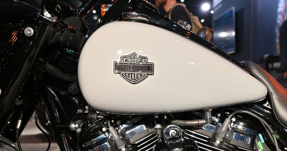 A Harley Davidson fuel tank logo badge decal is displayed during the Devitt Insurance MCN London Motorcycle Show in London, England, on Feb. 16.