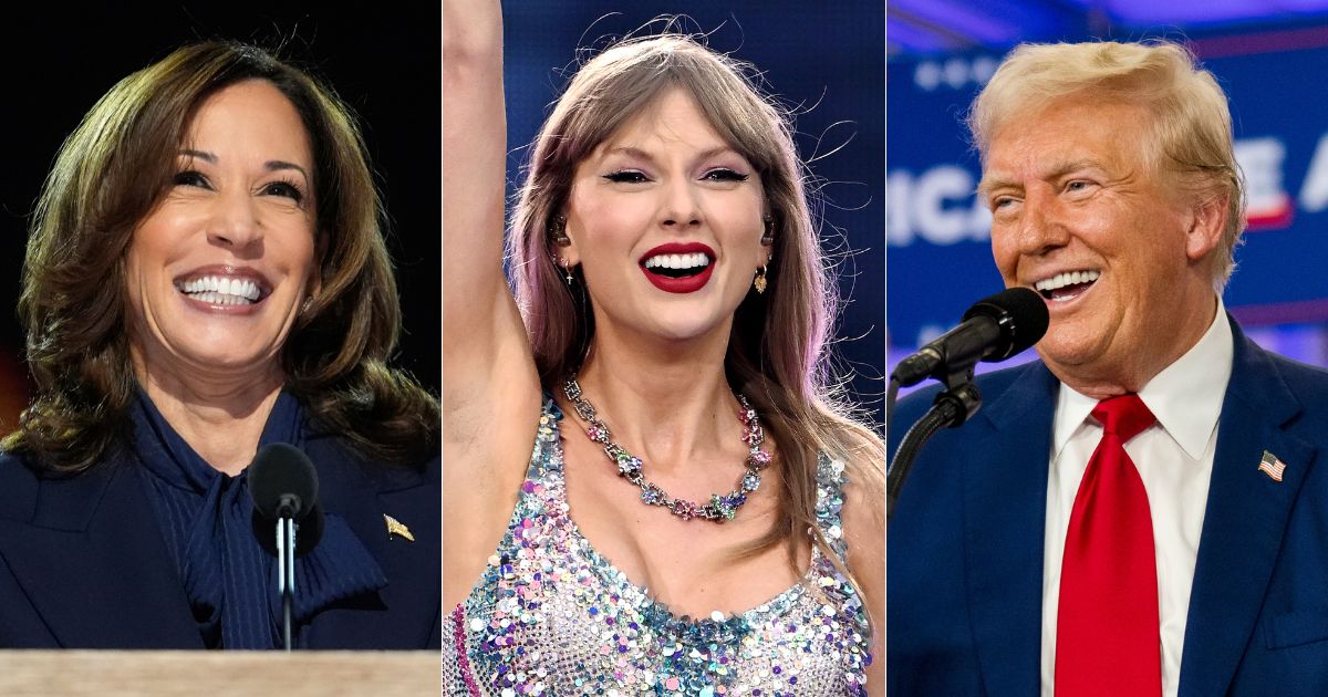 Experts weighed in on the impact a potential Taylor Swift, center, endorsement could have on the presidential race between Vice President Kamala Harris, left, and former President Donald Trump, right.