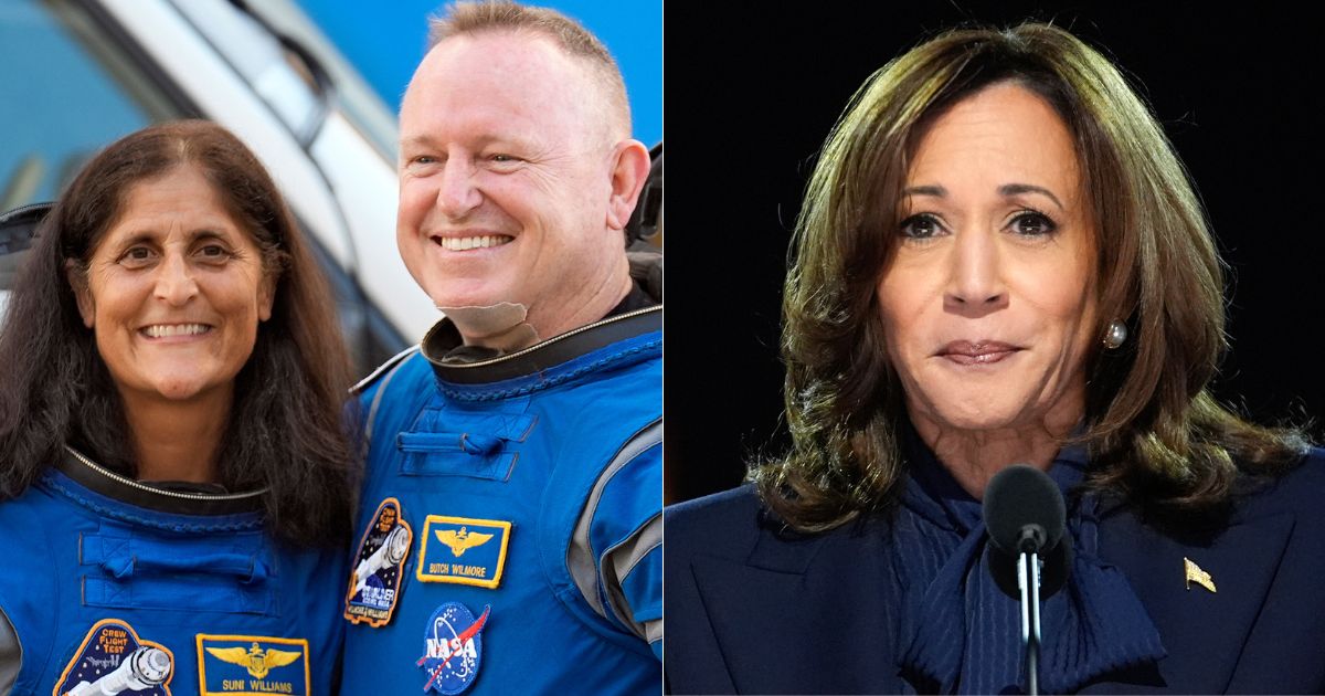 Astronauts Suni Williams, left, and Butch Wilmore, center, are stranded on the International Space Station until next year, and some are blaming Vice President Kamala Harris, right.