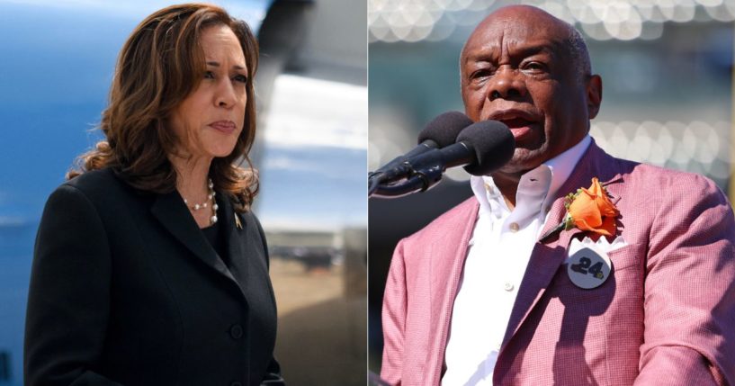 Willie Brown, right, the one-time lover of Vice President Kamala Harris, left, claims to have a photograph of Harris on former President Donald Trump's jet.