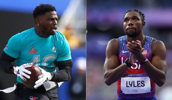 Tyreek Hill of the Miami Dolphins, left, claimed he would run in the 2028 Olympics after Olympic track star Noah Lyles, right, said Super Bowl champions should not be called "world champions."