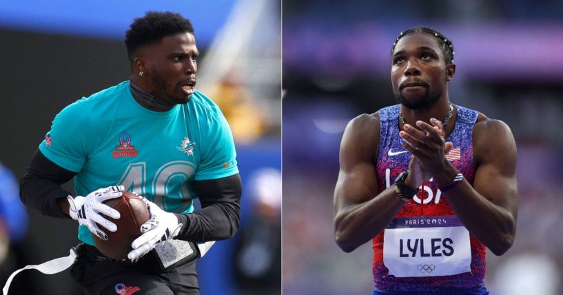 Tyreek Hill of the Miami Dolphins, left, claimed he would run in the 2028 Olympics after Olympic track star Noah Lyles, right, said Super Bowl champions should not be called "world champions."