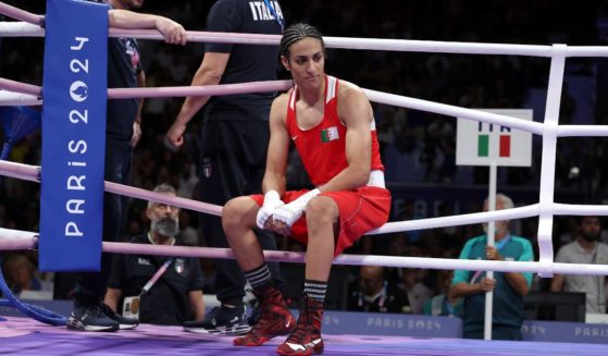 Imane Khelif of Team Algeria looks on after Angela Carini of Team Italy abandons the Women's 66kg preliminary round match in the first round on day six of the 2024 Olympic Games Thursday in Paris.