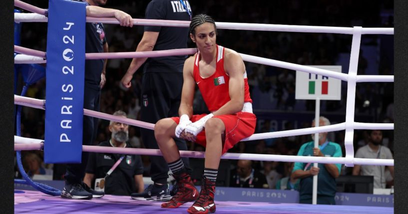 Imane Khelif of Team Algeria looks on after Angela Carini of Team Italy abandons the Women's 66kg preliminary round match in the first round on day six of the 2024 Olympic Games Thursday in Paris.