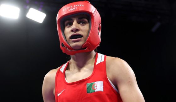 Algerian boxer Imane Khelif looks on prior to the Women's 66kg preliminary round match against Angela Carini of Italy at the Paris Olympics in Paris, France, on Thursday.