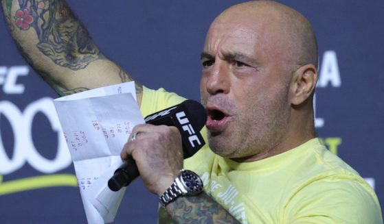 Joe Rogan MC's during the UFC 300 ceremonial weigh-in in Las Vegas, Nevada, on April 12.