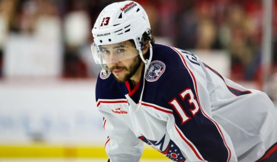 Johnny Gaudreau of the Columbus Blue Jackets looks on during the warmups before a game against the Carolina Hurricanes in Raleigh, North Carolina, on April 7.