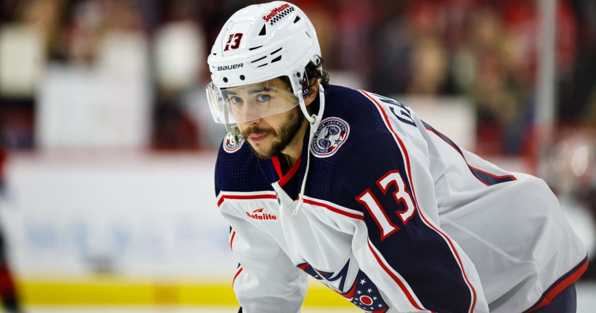 Johnny Gaudreau of the Columbus Blue Jackets looks on during the warmups before a game against the Carolina Hurricanes in Raleigh, North Carolina, on April 7.