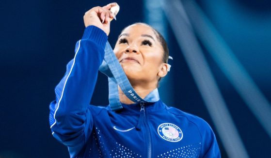 Bronze medalist Jordan Chiles of Team United States celebrates after the Artistic Gymnastics Women's Floor Exercise Final at the Olympic Games, in Paris, France, on Aug. 5.