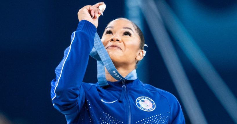 Bronze medalist Jordan Chiles of Team United States celebrates after the Artistic Gymnastics Women's Floor Exercise Final at the Olympic Games, in Paris, France, on Aug. 5.