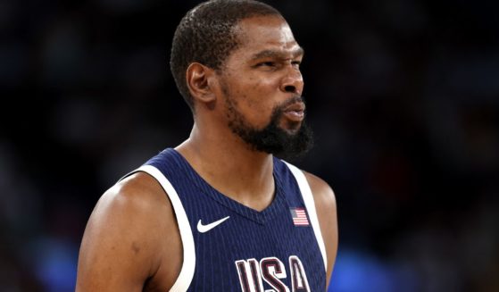 Kevin Durant of Team United States looks on during a basketball quarterfinal game against Team Brazil at the Olympic Games in Paris, France, on Tuesday.