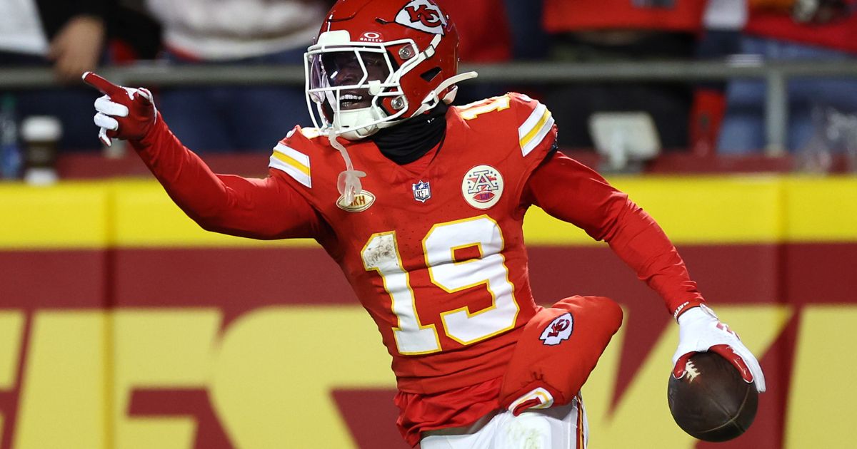 Kadarius Toney of the Kansas City Chiefs reacts after a touchdown on a play that was called back due to a penalty during the second half of the game against the Buffalo Bills in Kansas City, Missouri, on Dec. 10, 2023.