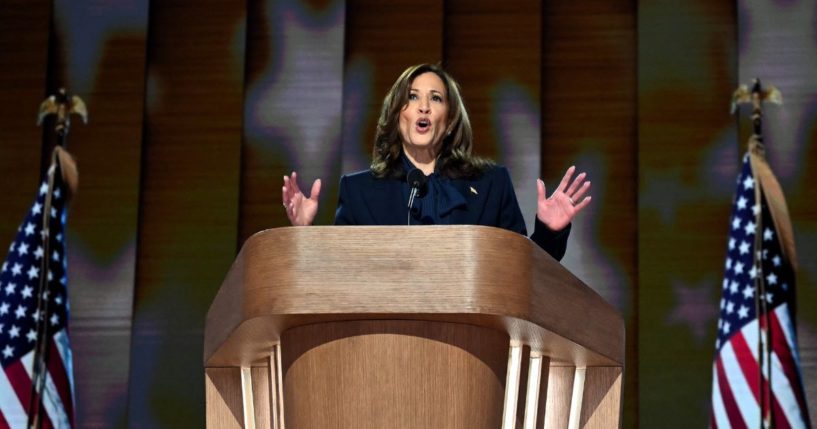 Vice President Kamala Harris speaks on the fourth and last day of the Democratic National Convention in Chicago, Illinois, on Thursday.